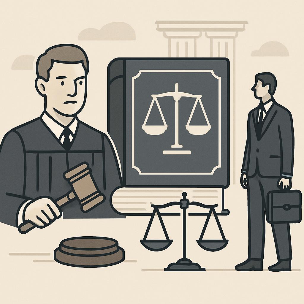 A courtroom scene featuring a judge, scale, gavel, and two men in business attire.