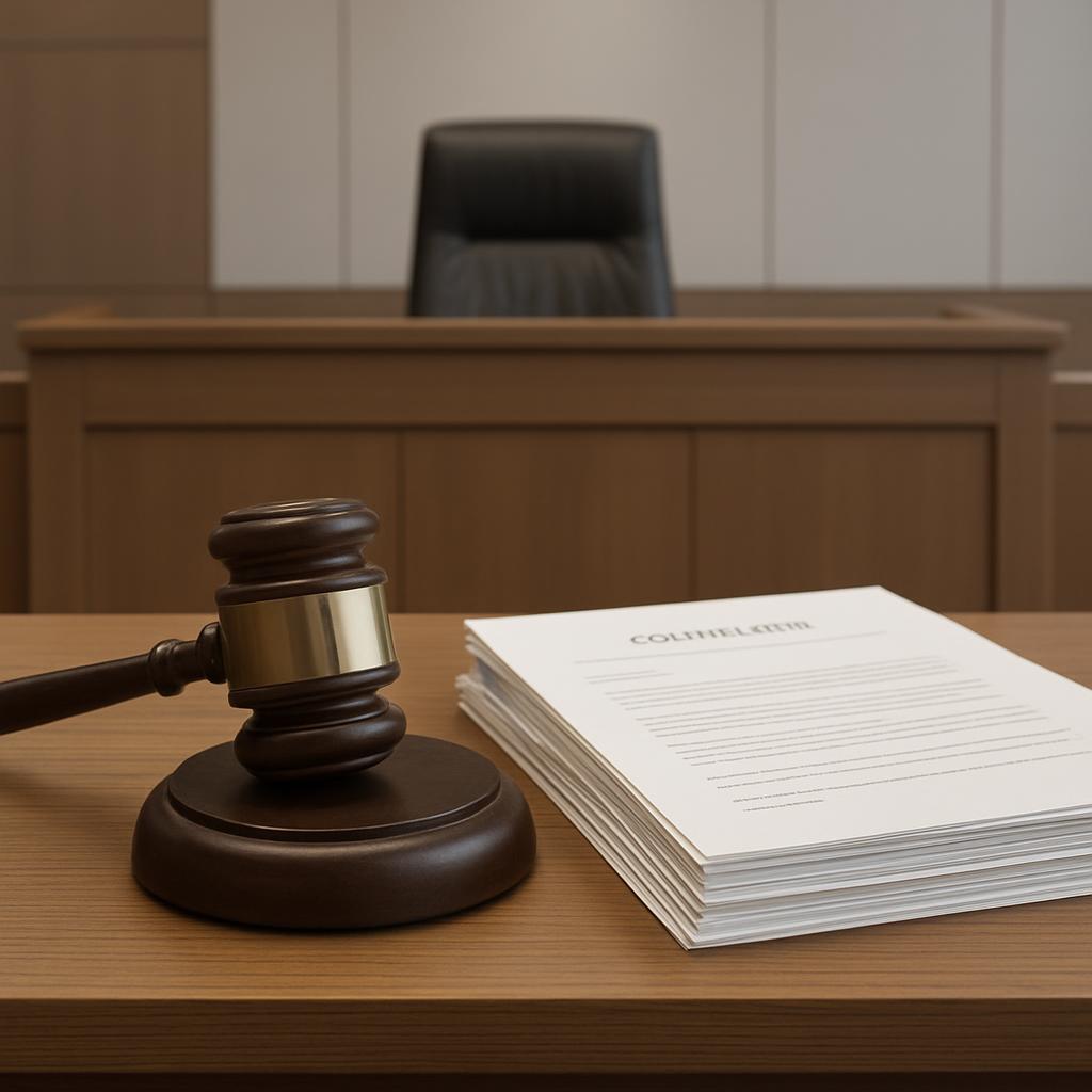 Small court room with gavel and paperwork on desk, partially in focus in the foreground.