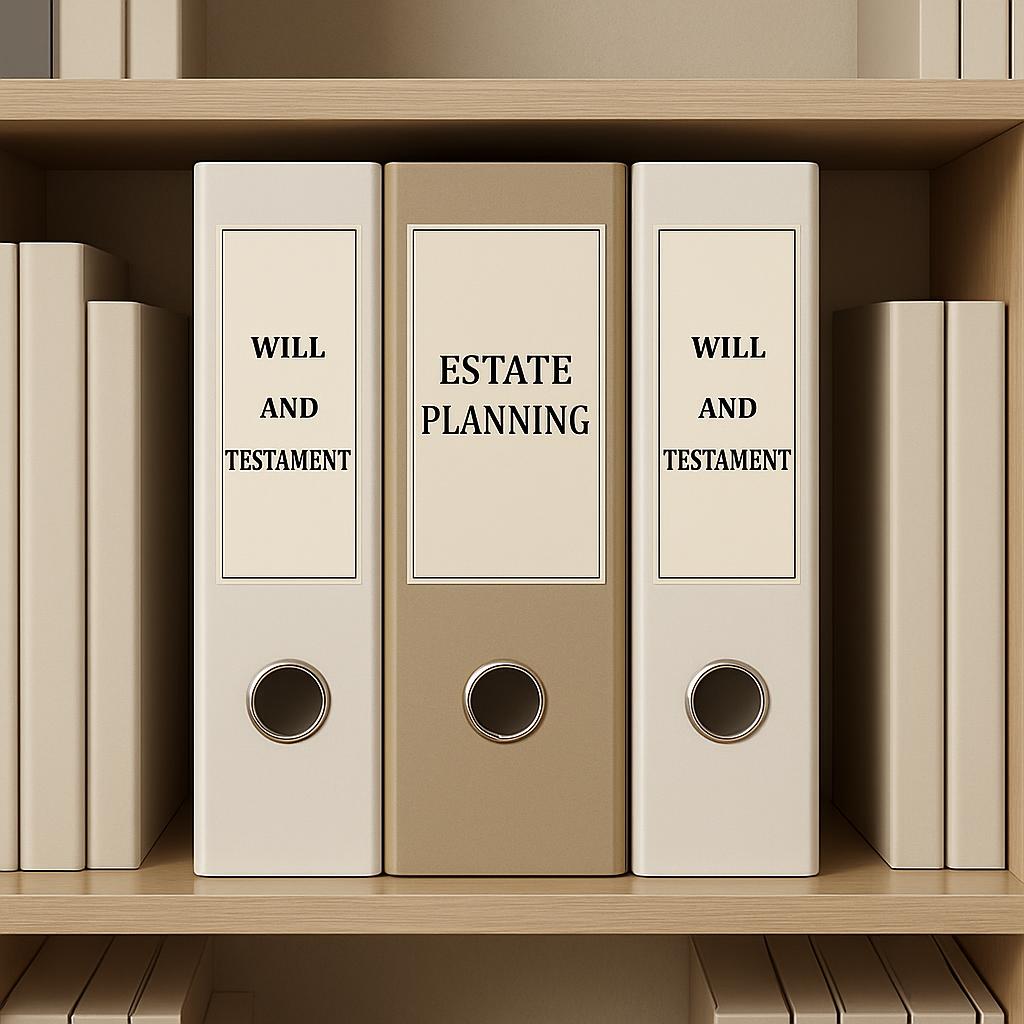 The image depicts a shelf with binders labeled "Will and Testament" and "Estate Planning". It appears to be a visual aid f...