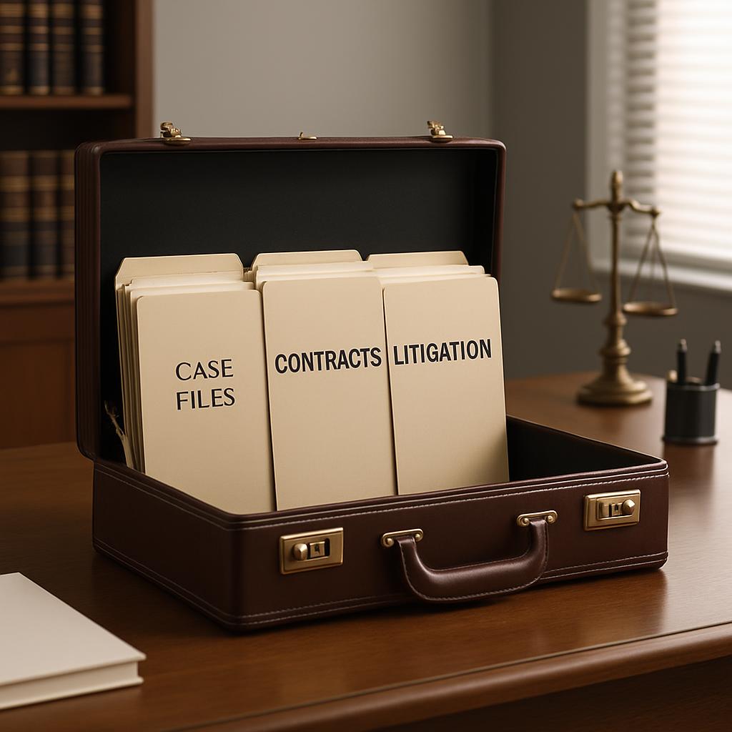 Files in briefcase labeled Case Files, Contracts, Litigation.