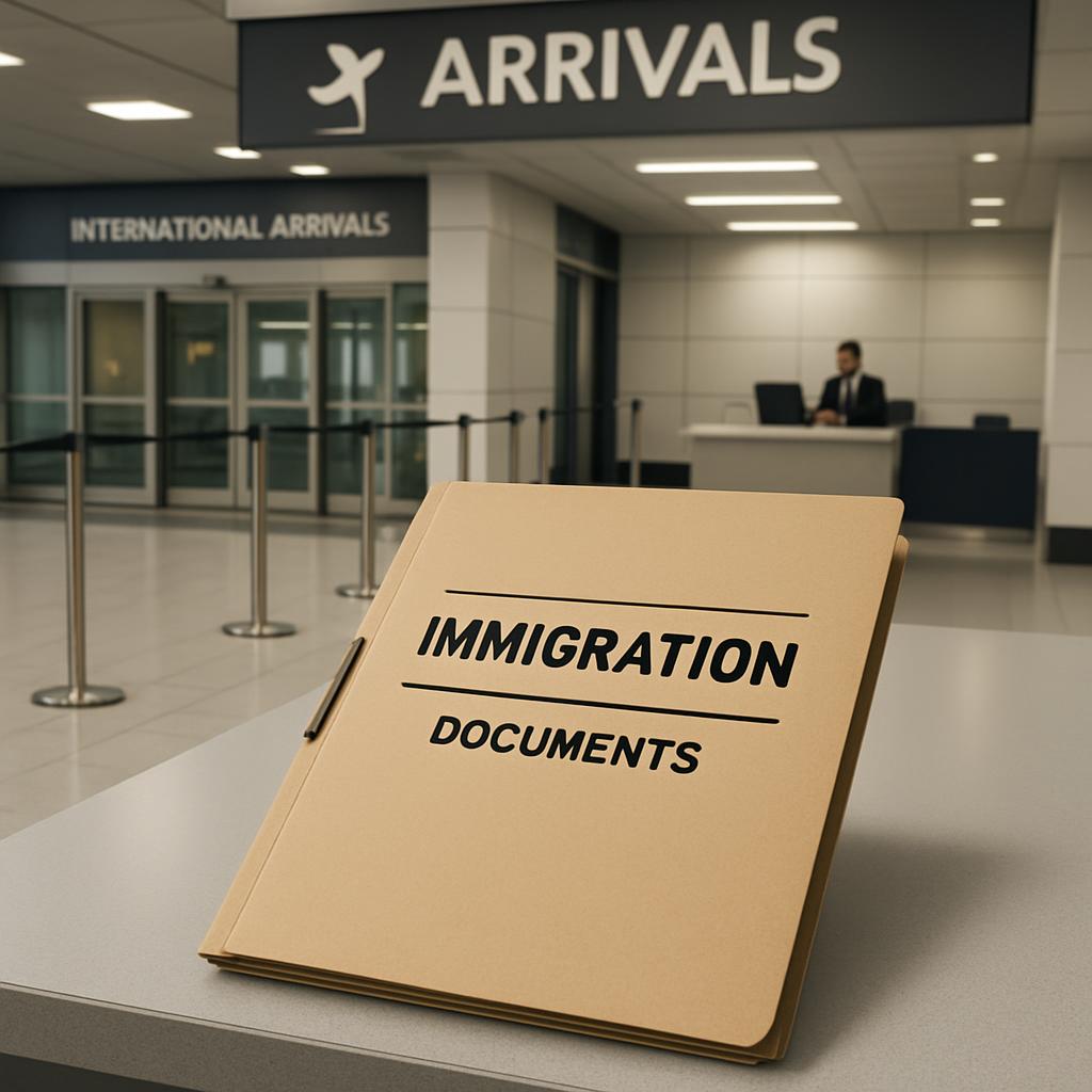 The building in the background is an airport, and the book in the foreground contains immigration documents.