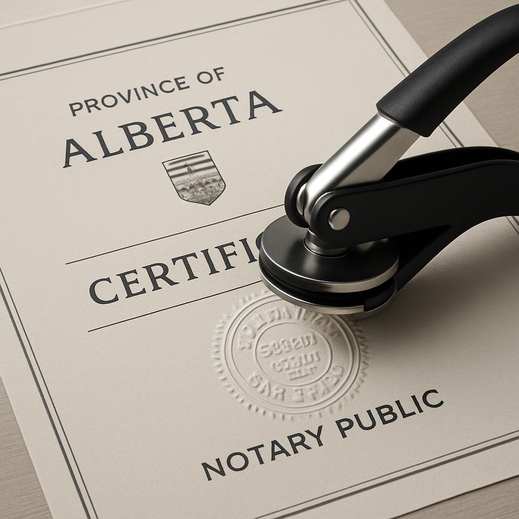Notary stamp on a certificate from the Province of Alberta.